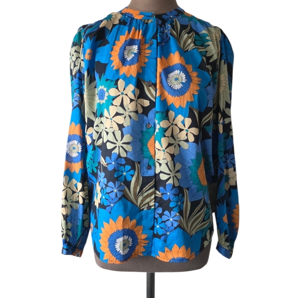 Rails Shirt Women's S Blue floral Sonnet top cotton spring quiet luxery blouse‎